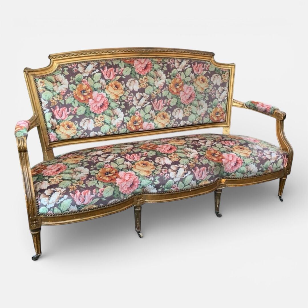 19th-century floral velvet bench