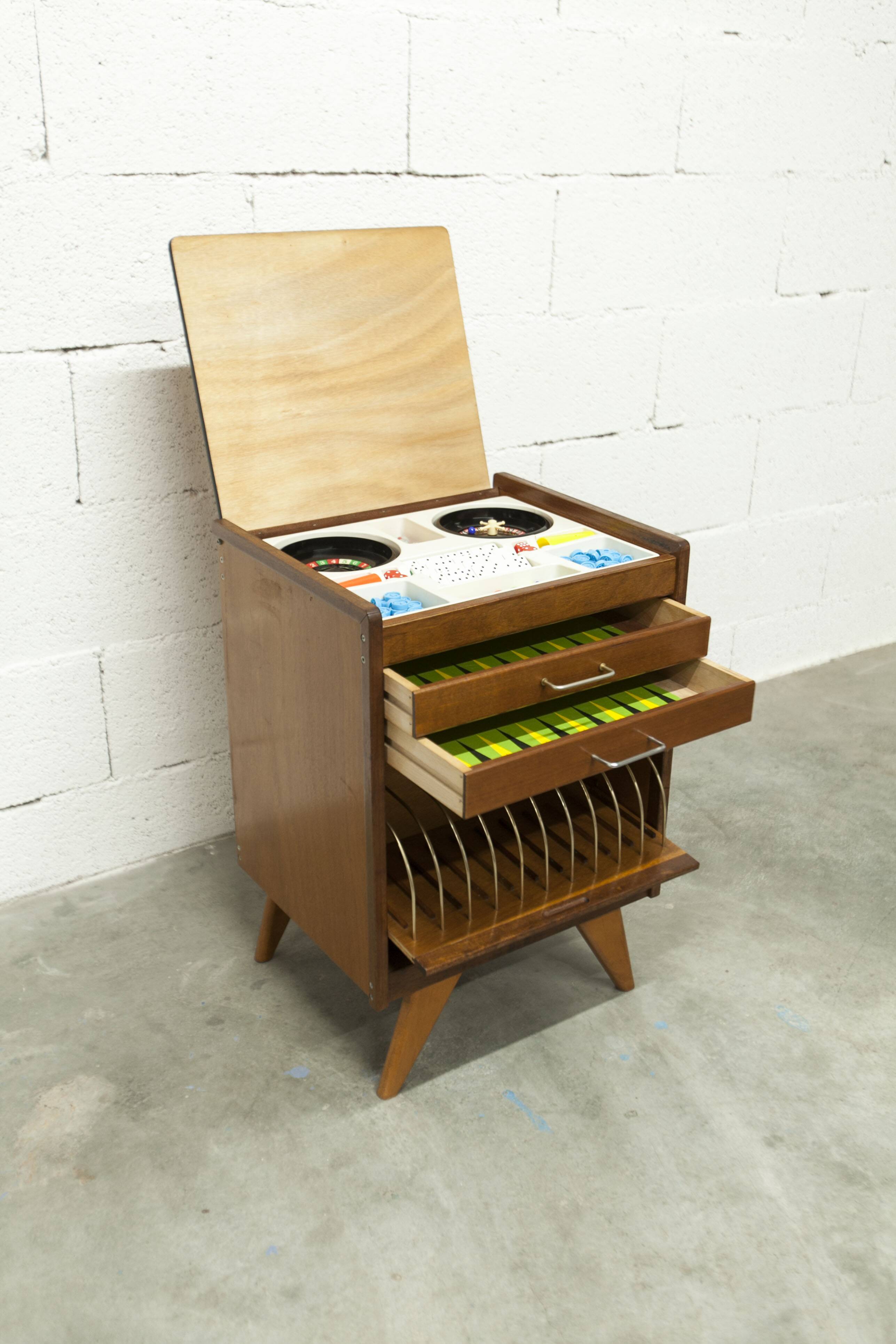 Unique 1960s bedside table with 15 complete games, compass legs, 1960s
