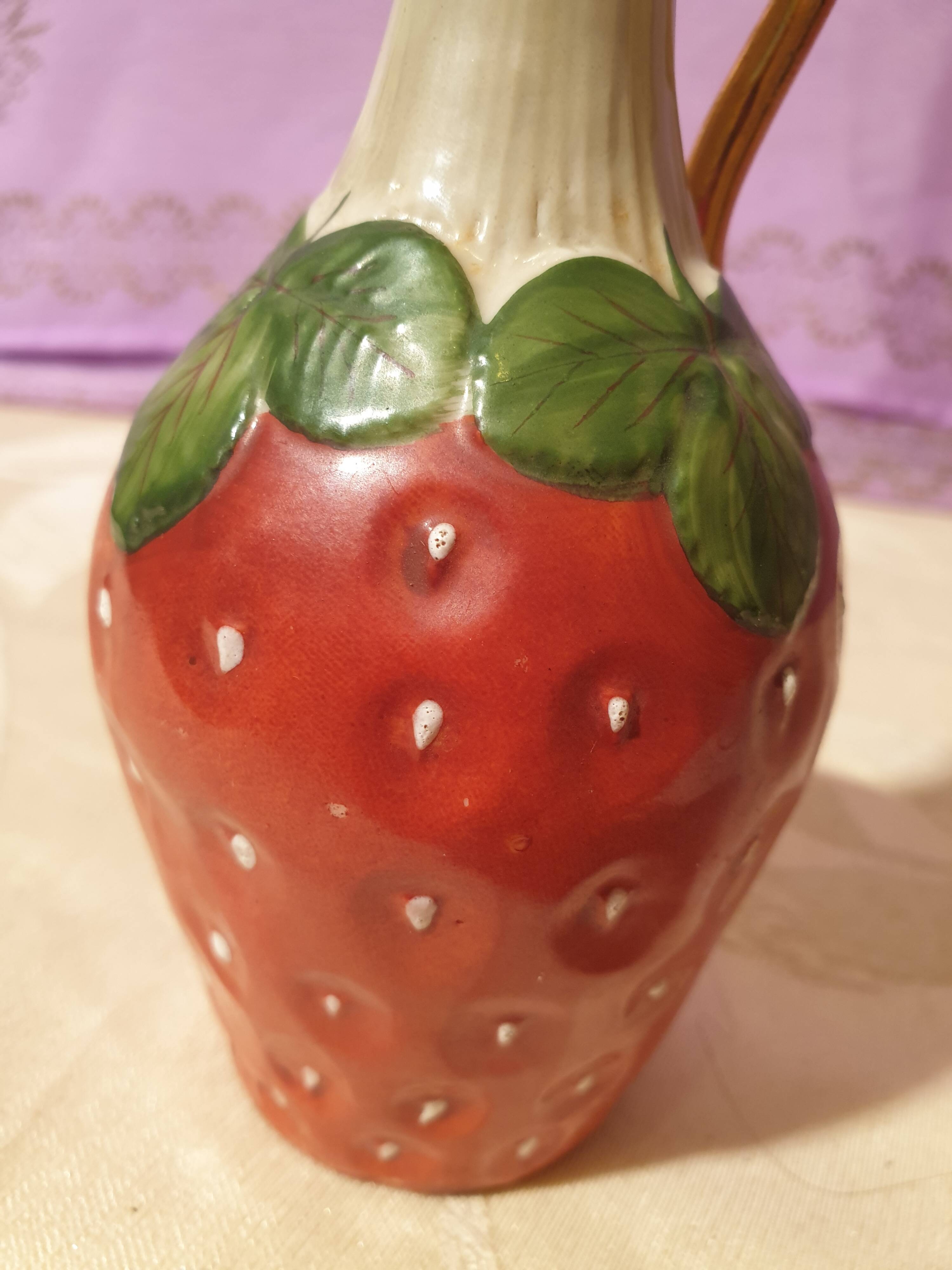 Old strawberry liqueur service carafe 6 small porcelain cups biscuit barbotine