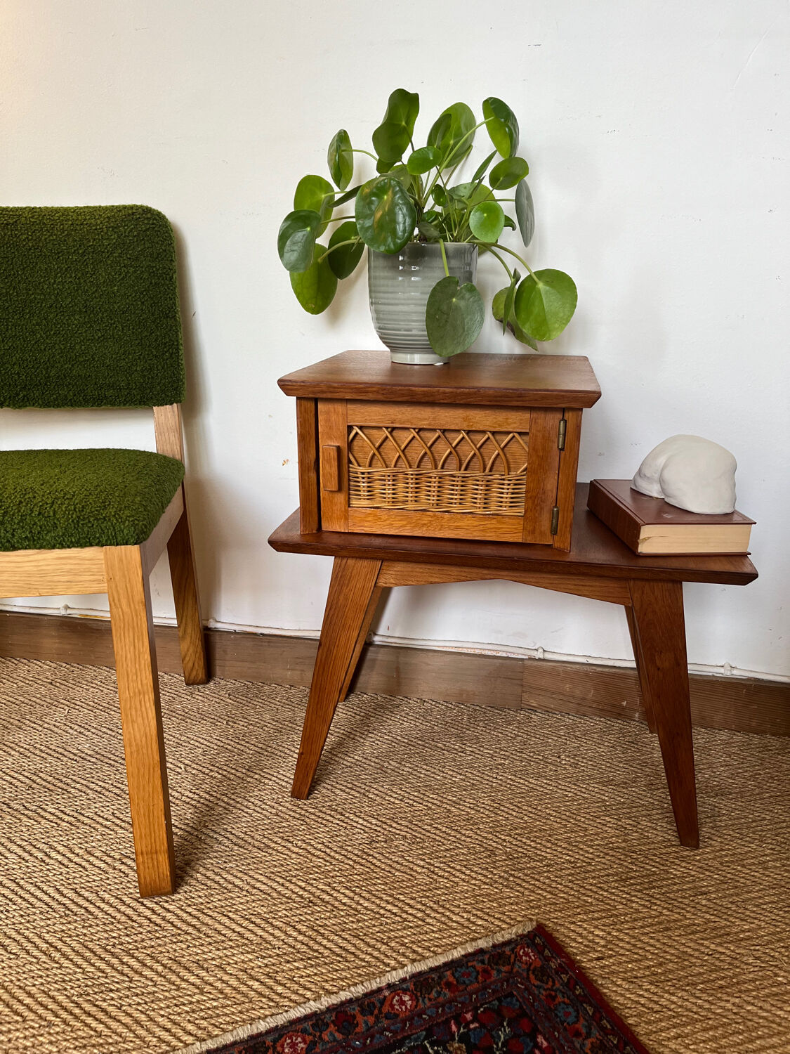 Table d’appoint table de chevet vintage bois pieds compas et rotin