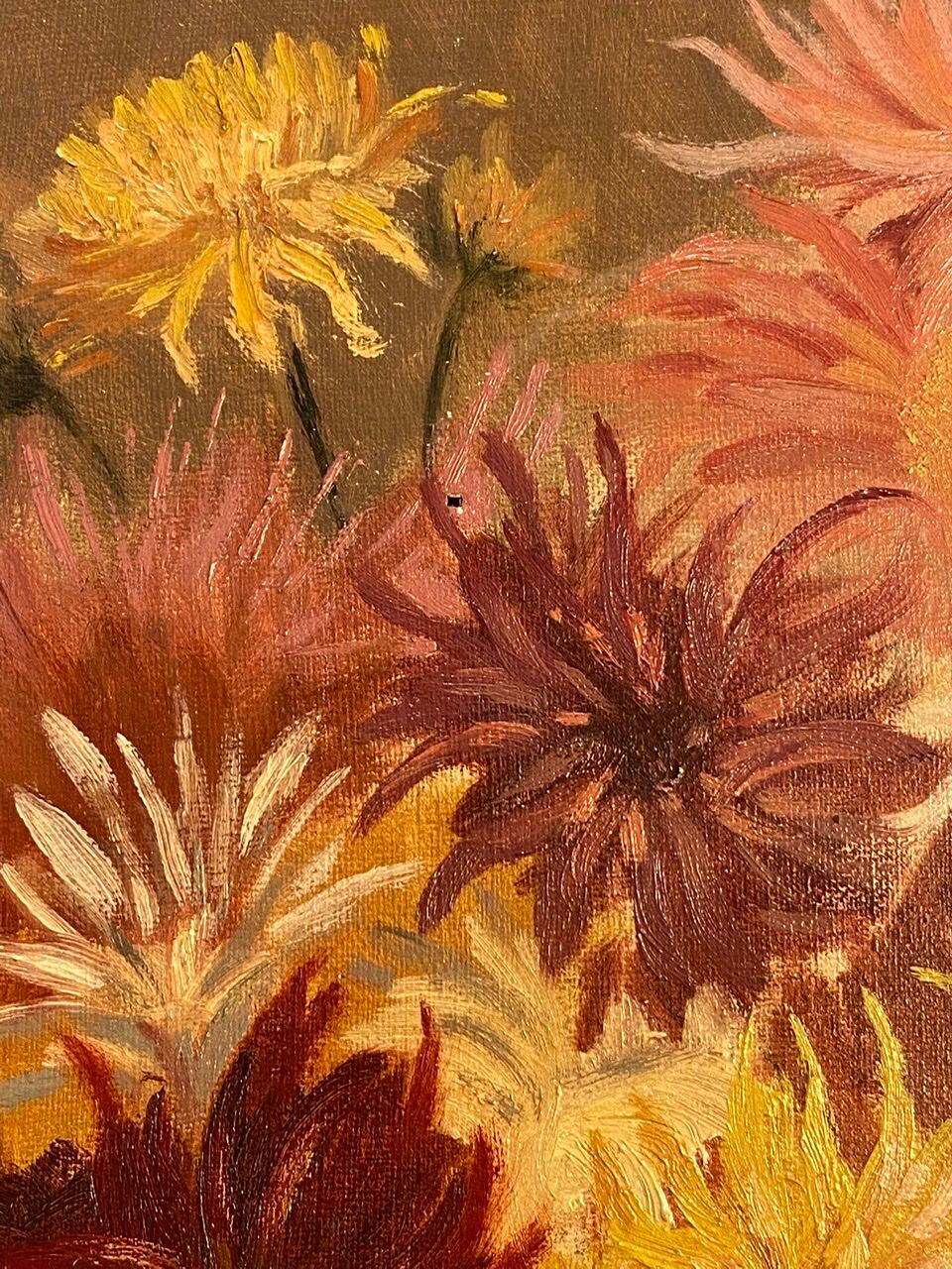 Old painting, still life with Dahlias, signed E Boudet late nineteenth century.