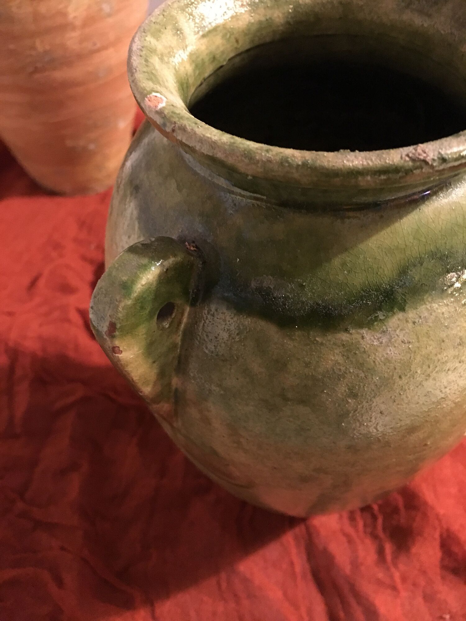 Duo de jarres terre cuite vernissées verte