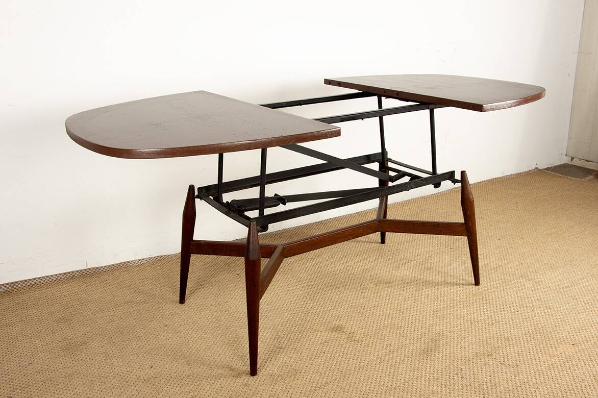 Danish high and low table in teak and brown lacquered wood, Smørrebrø model