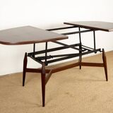 Danish high and low table in teak and brown lacquered wood, Smørrebrø model