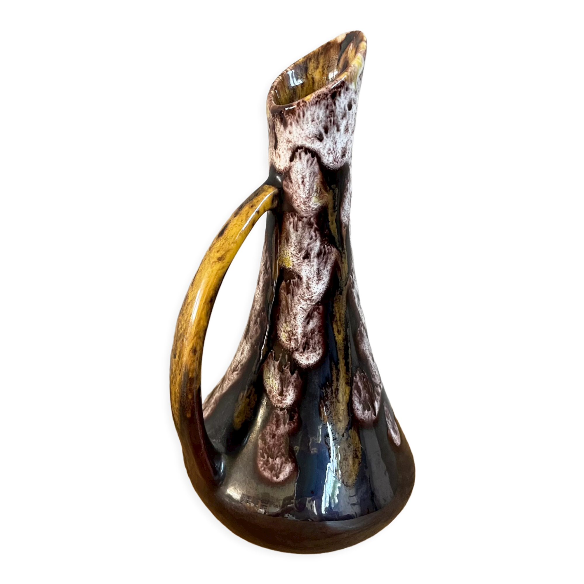 Fat lava style vase with handle, victory, purple, yellow & black drip glaze