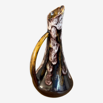 Fat lava style vase with handle, victory, purple, yellow & black drip glaze