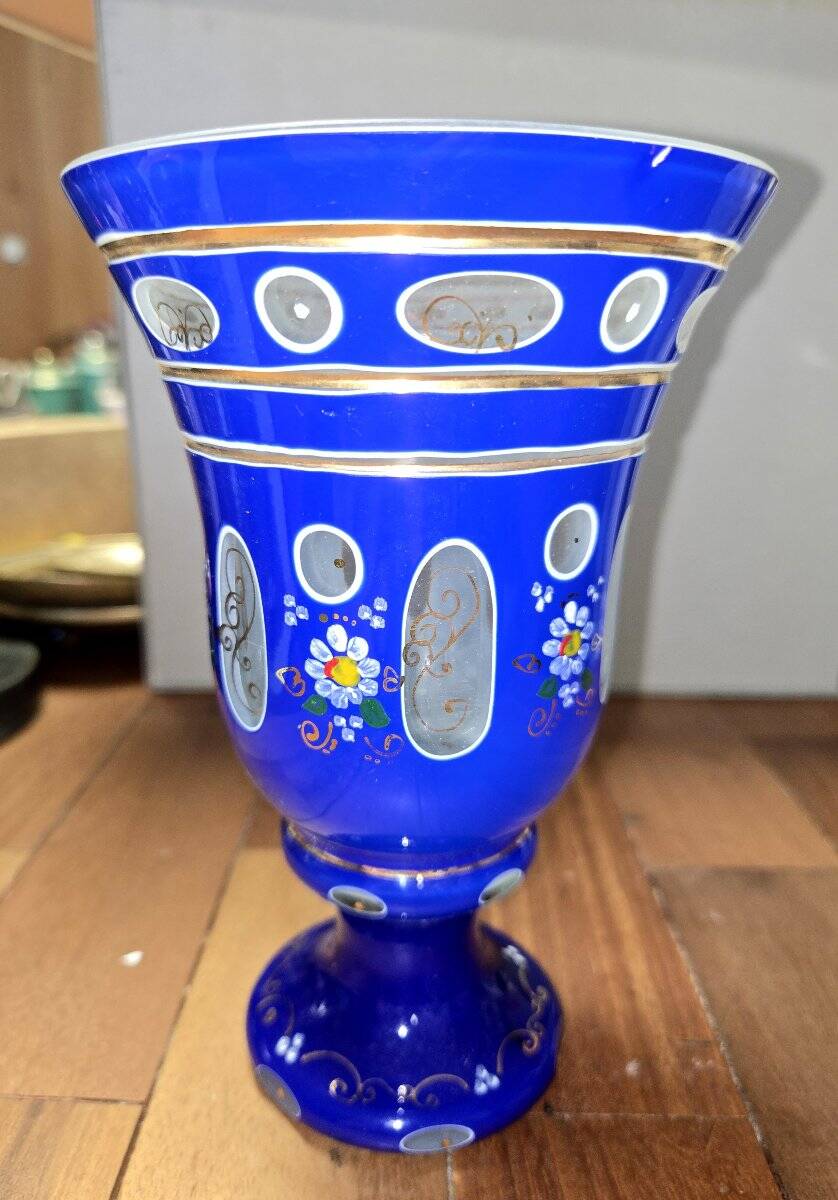 Large blue enamelled glass chalice (Bohemian glass 20th century)