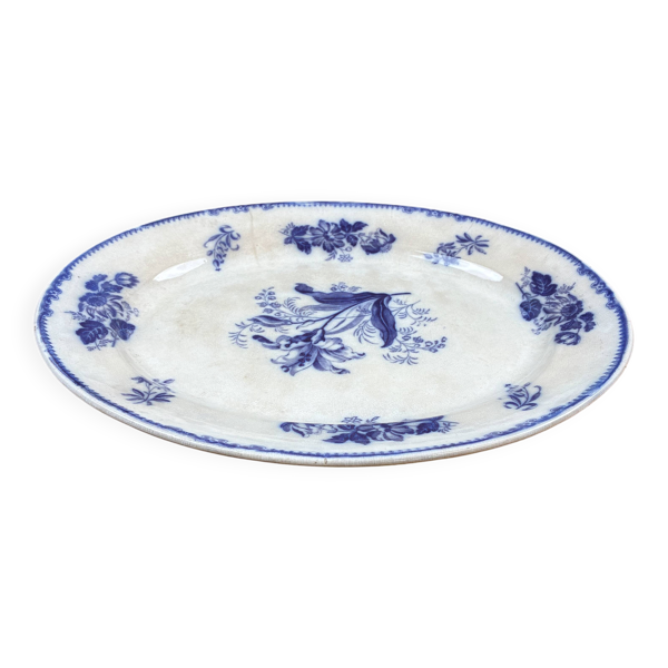 Ancien Plat Ovale en Porcelaine Décor Floral Bleu