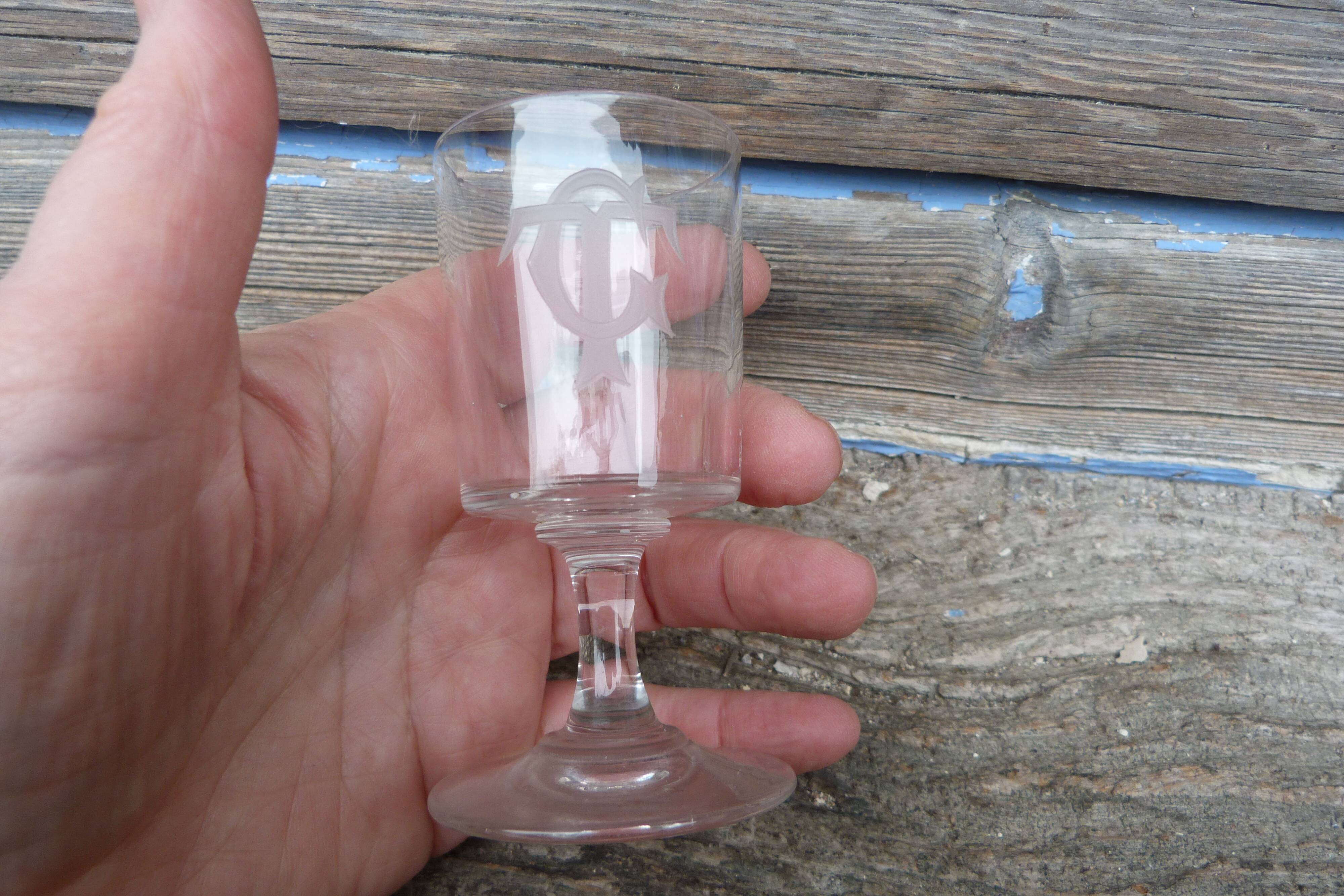 Glass 19th century crystal liqueur engraved with monogram acid