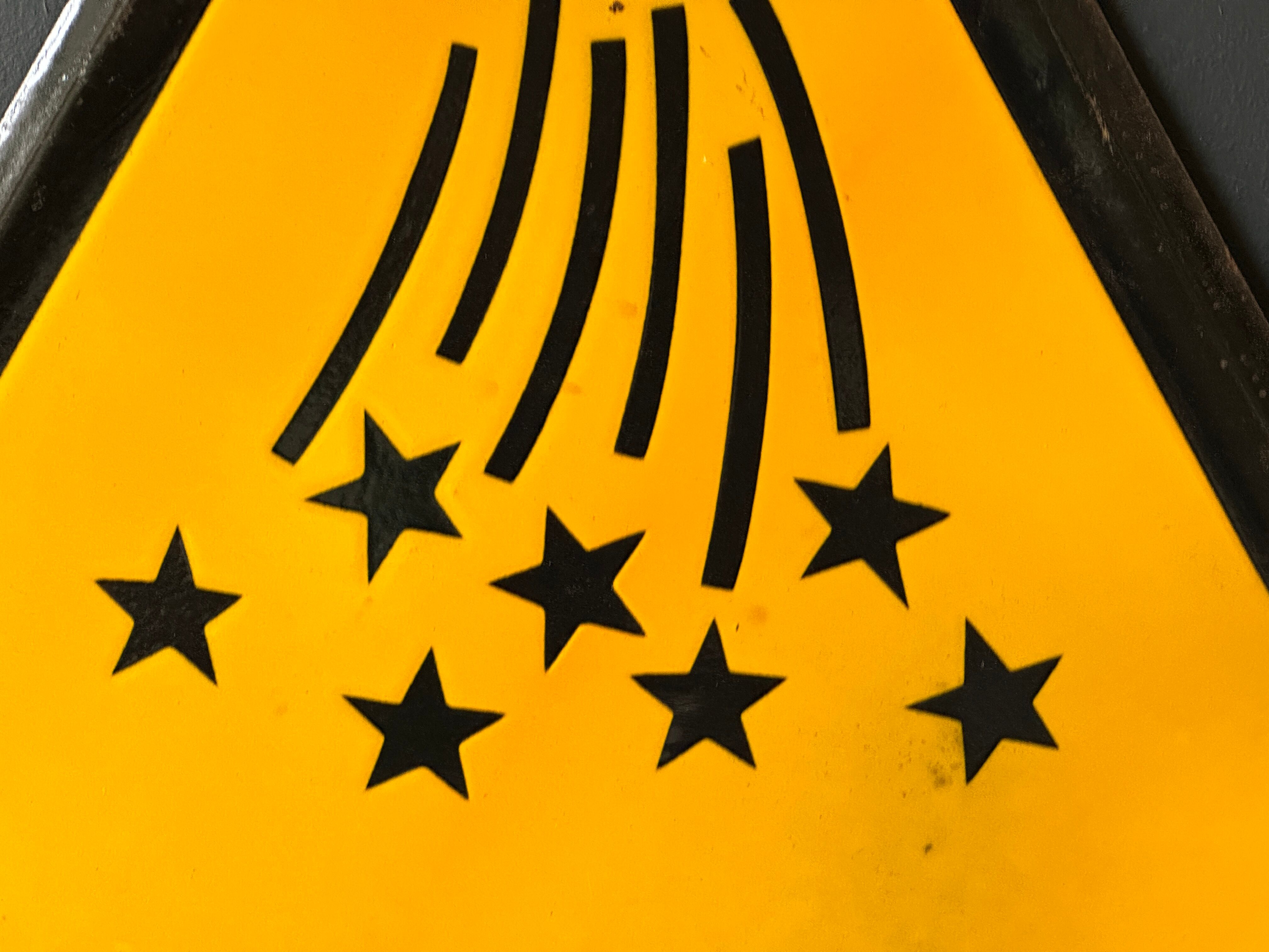 Stars yellow warning sign vintage european 1980's industrial big enamel