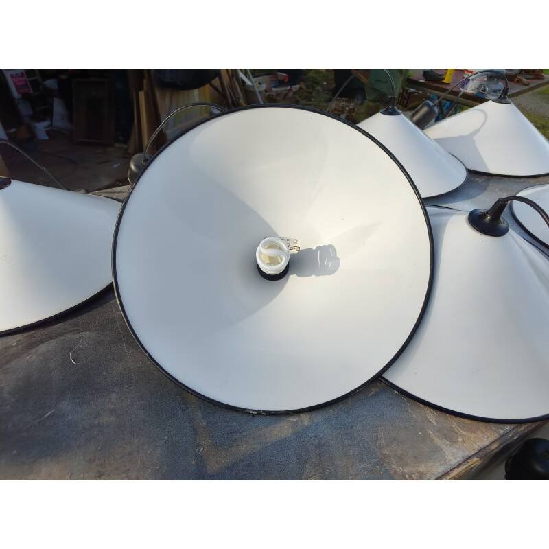 Set of 7 industrial enamelled metal pendant lights