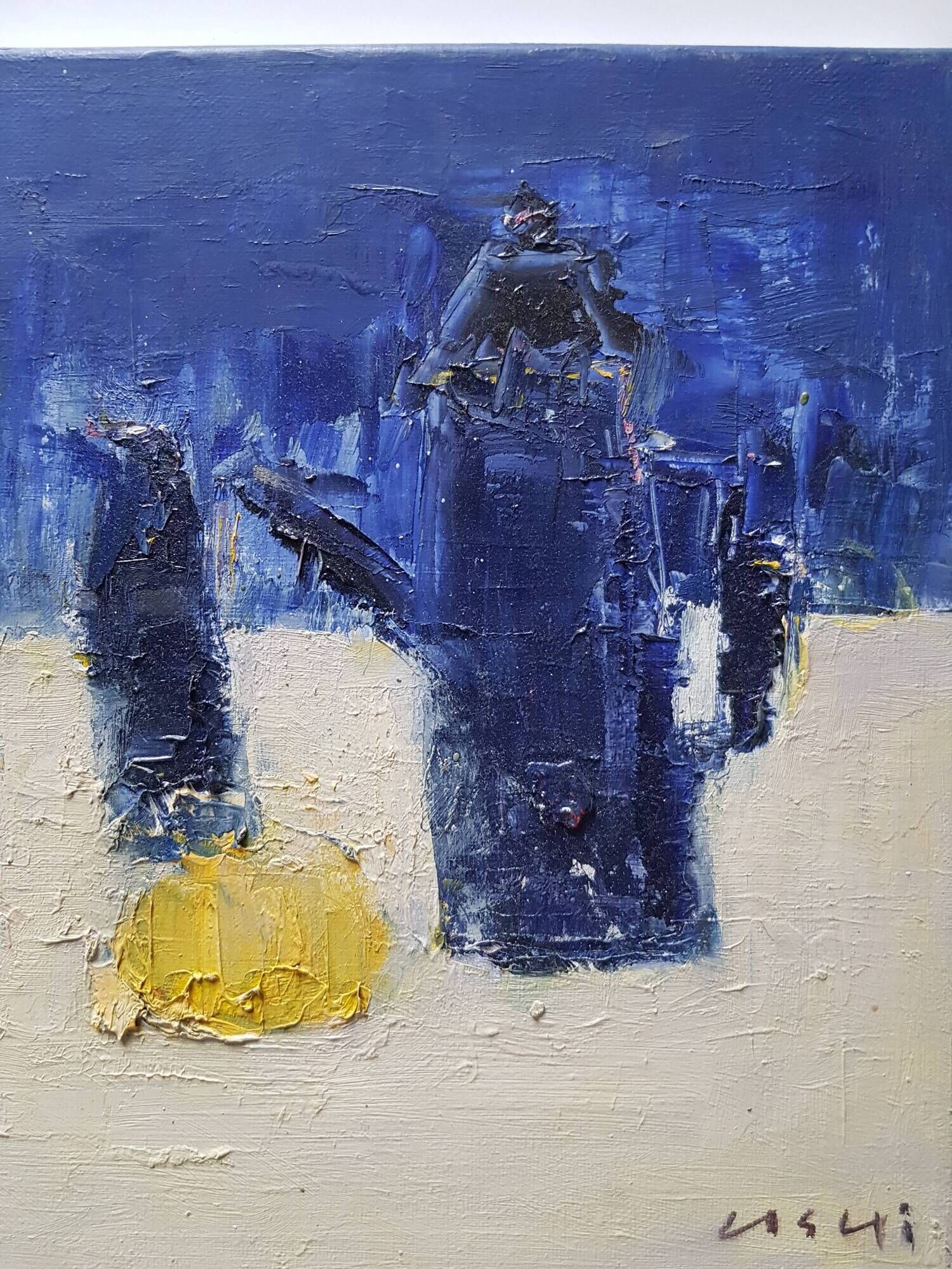Nagao Usui painting "Still life with coffee maker and lemon"