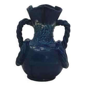 Blue Vallauris vase with twisted handles