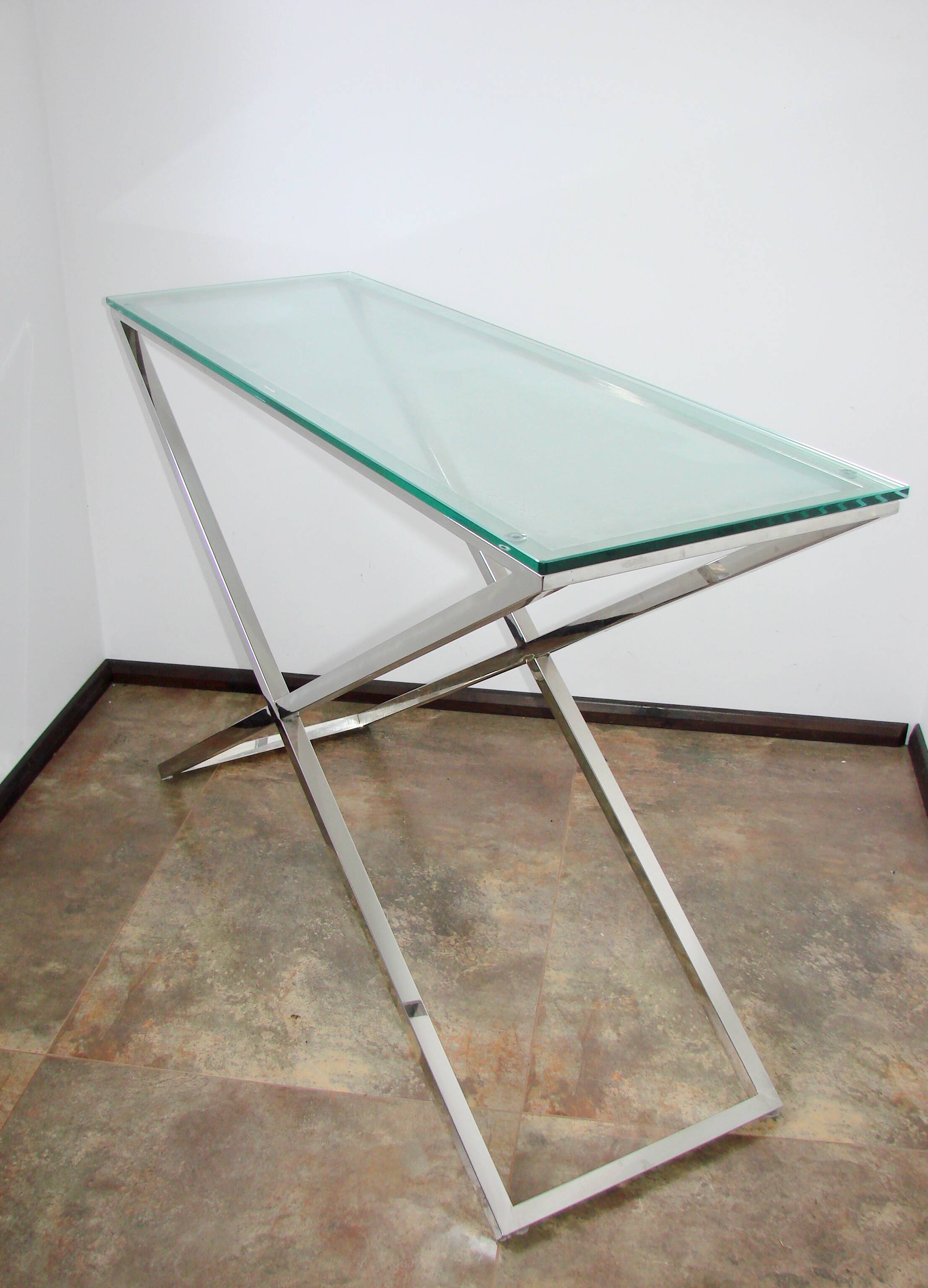 1990s-style Modern console table, chrome and glass, 120 cm