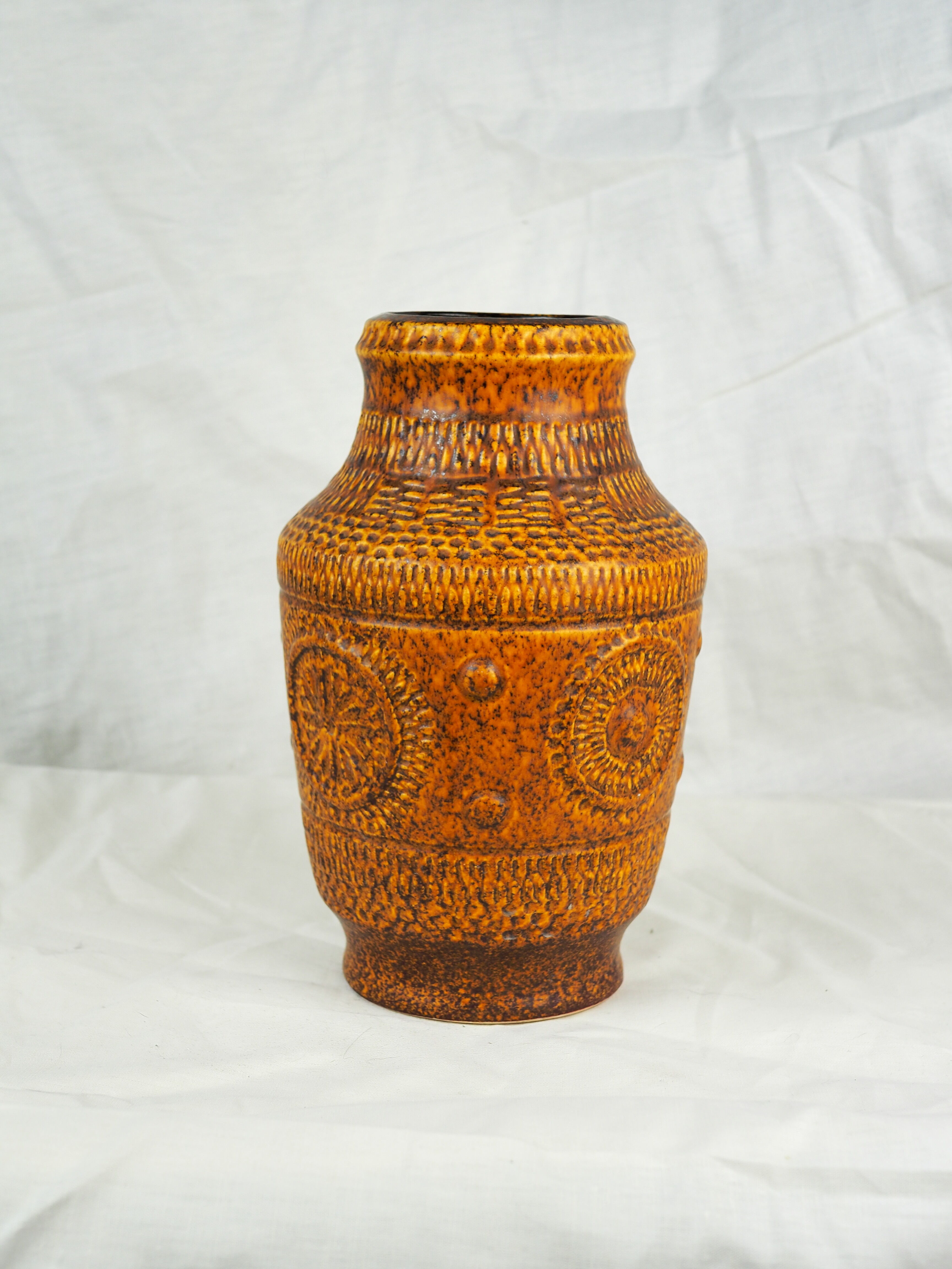 Vase with round reliefs and textured friezes, vibe seventies speckled ochre - Bay Keramik 60s 70s