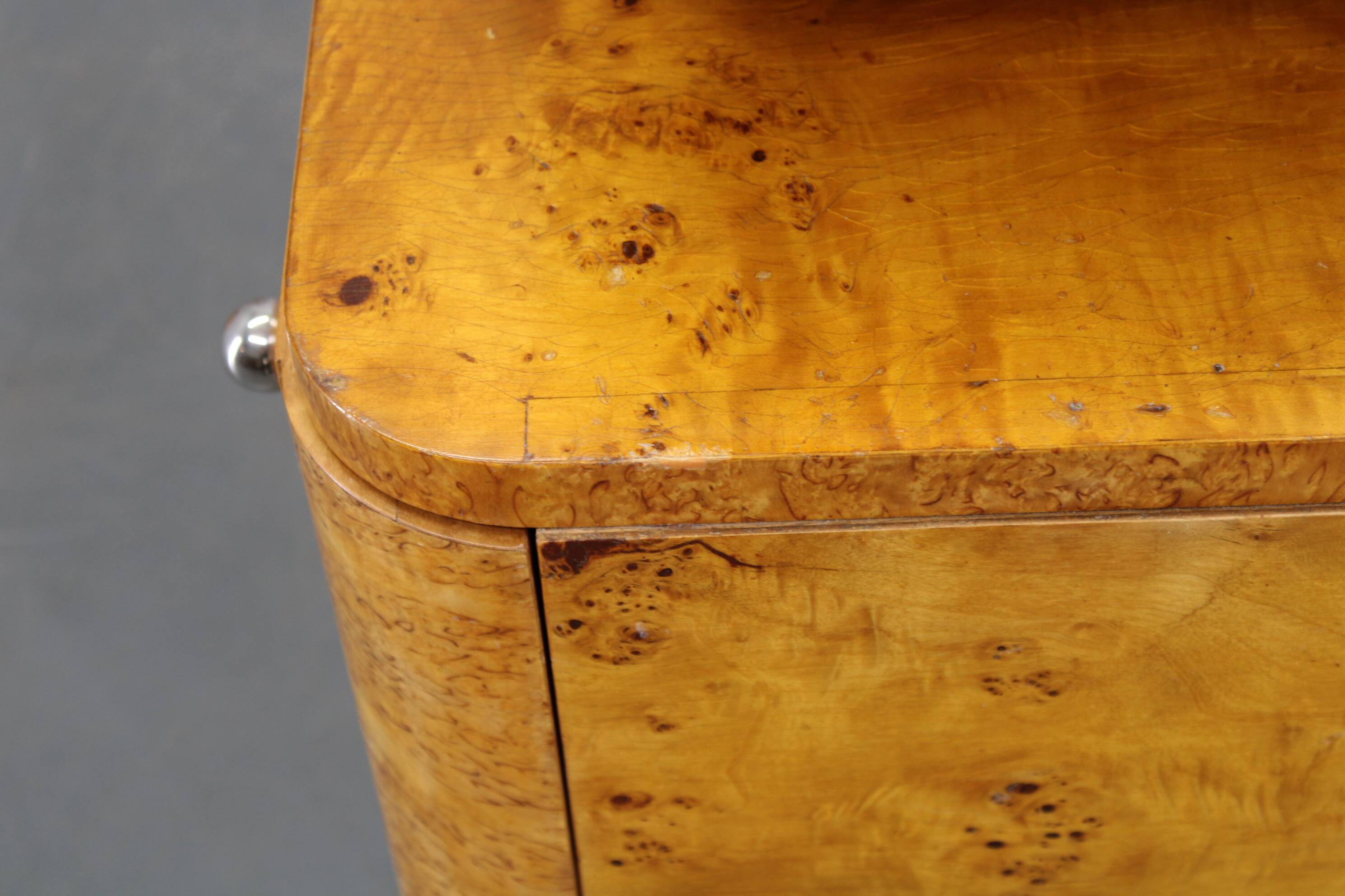 Pair of Art Deco burl wood nightstands, Czechoslovakia, 1940s