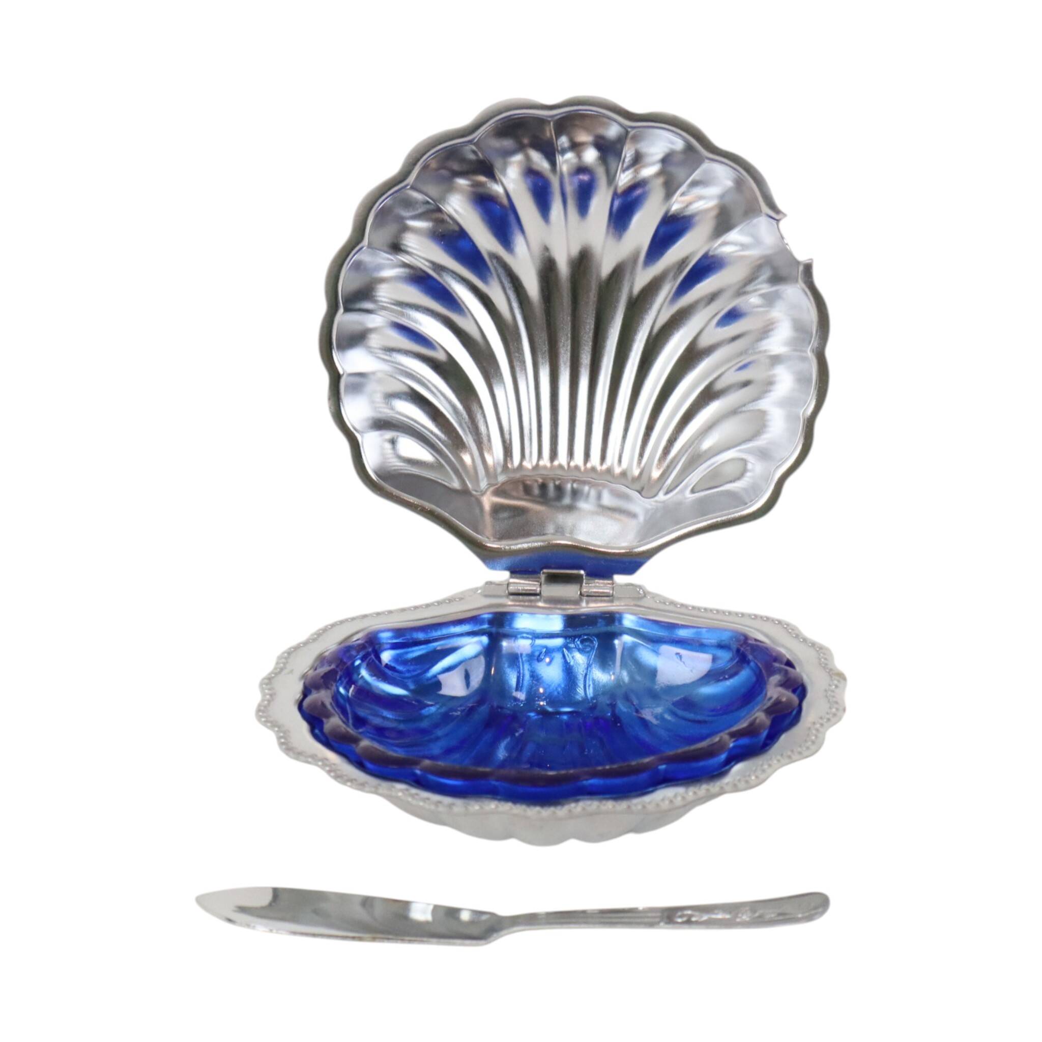 Vintage Blue Glass Queen Anne Scallop Shell Butter Dish