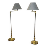 Pair of Brass Floor Reading Lamps with Articulated Arm and Shade. Work