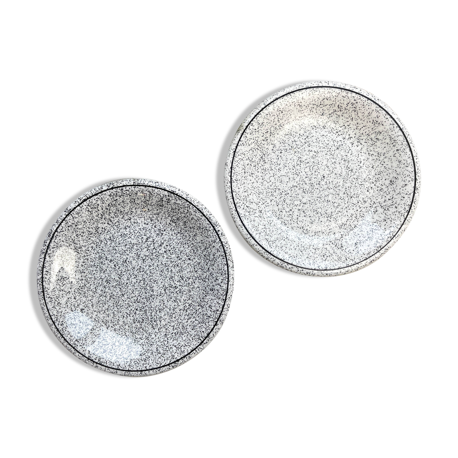 2 Small vintage plates in black and white speckled Italian earthenware
