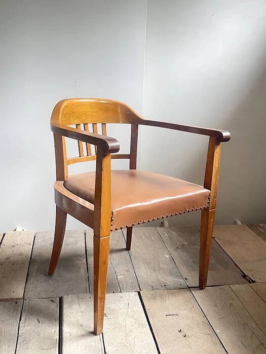 Swiss Art Deco Wood Armchair with Brown Leather Seat, 1930s