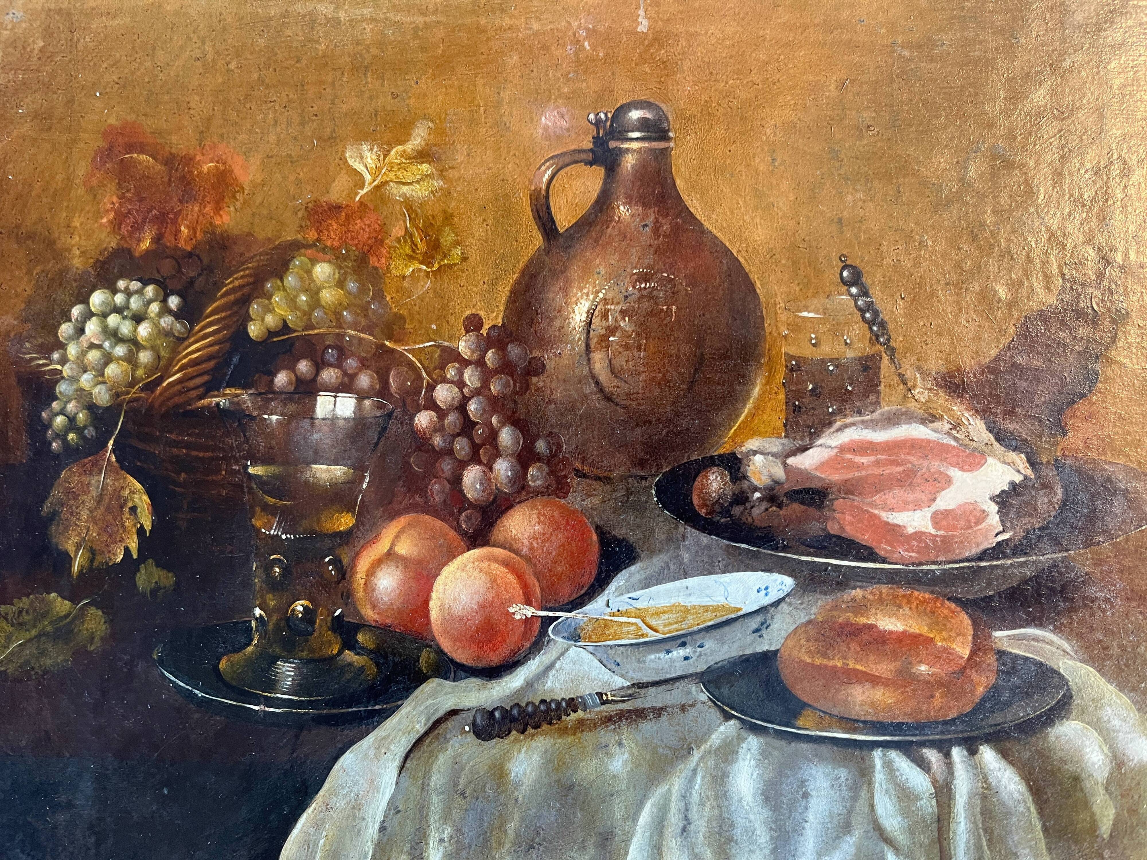 Antique painting HSP/C "The Buffet, Ham and Grapes" in the style of Cornelis