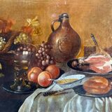 Antique painting HSP/C "The Buffet, Ham and Grapes" in the style of Cornelis