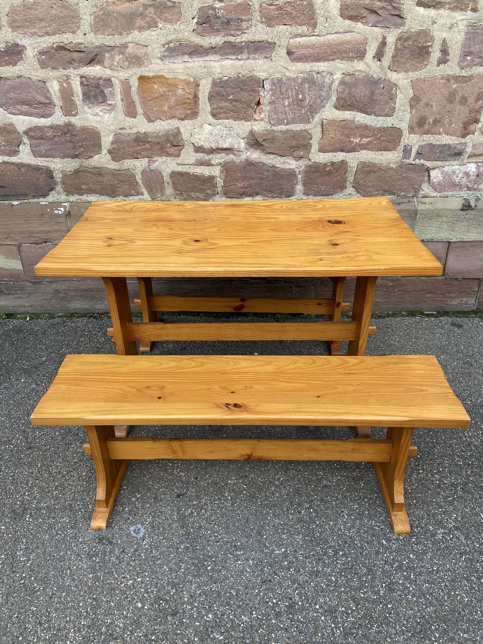 Vintage Scandinavian pine dining set, 1980s table and benches