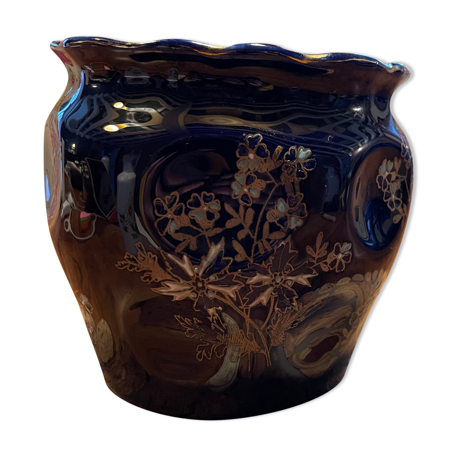 Enamelled ceramic pot cover, deep blue