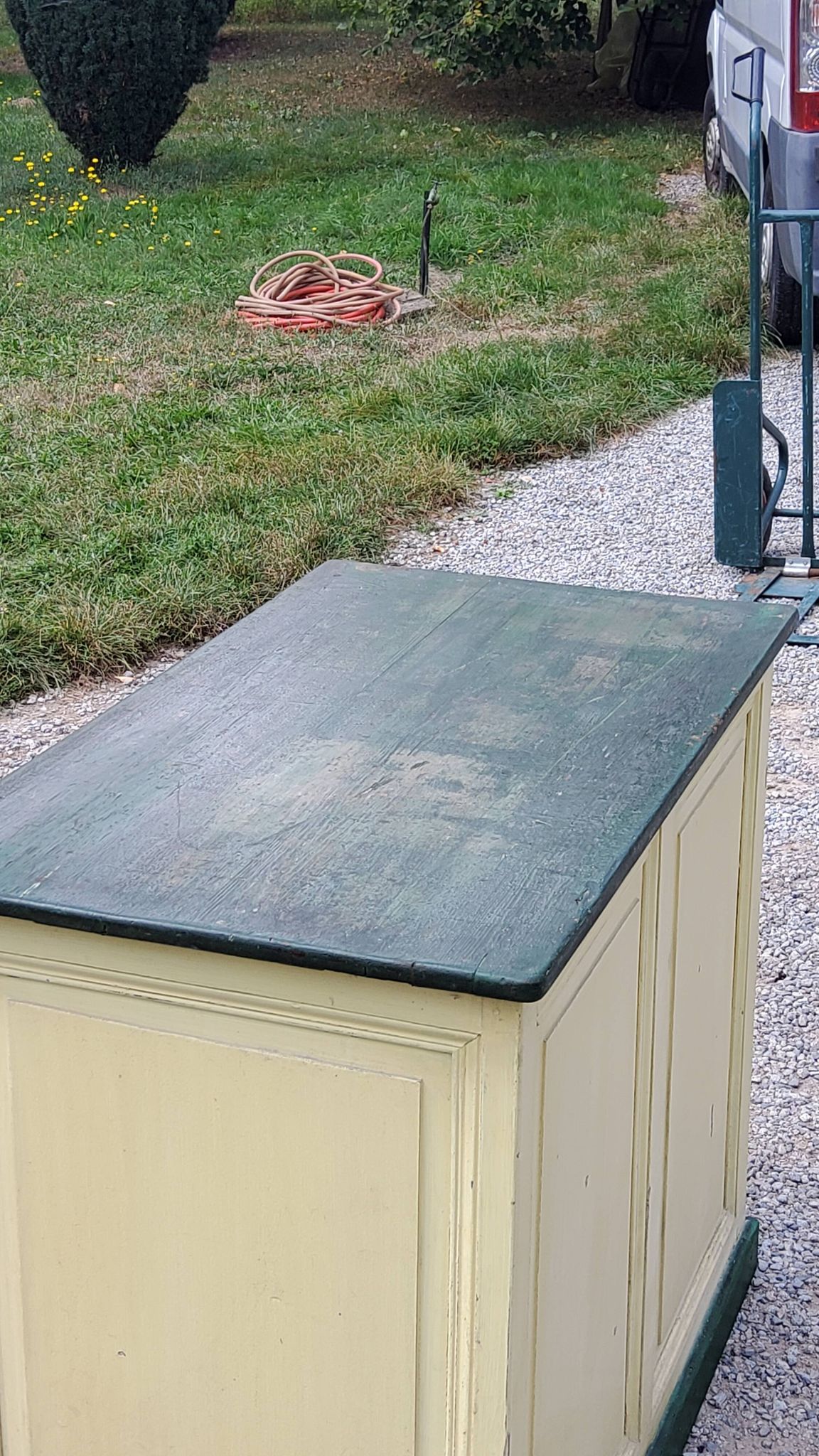 Late 19th century grocery counter in green and yellow patina painted wood