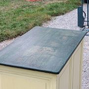 Late 19th century grocery counter in green and yellow patina painted wood