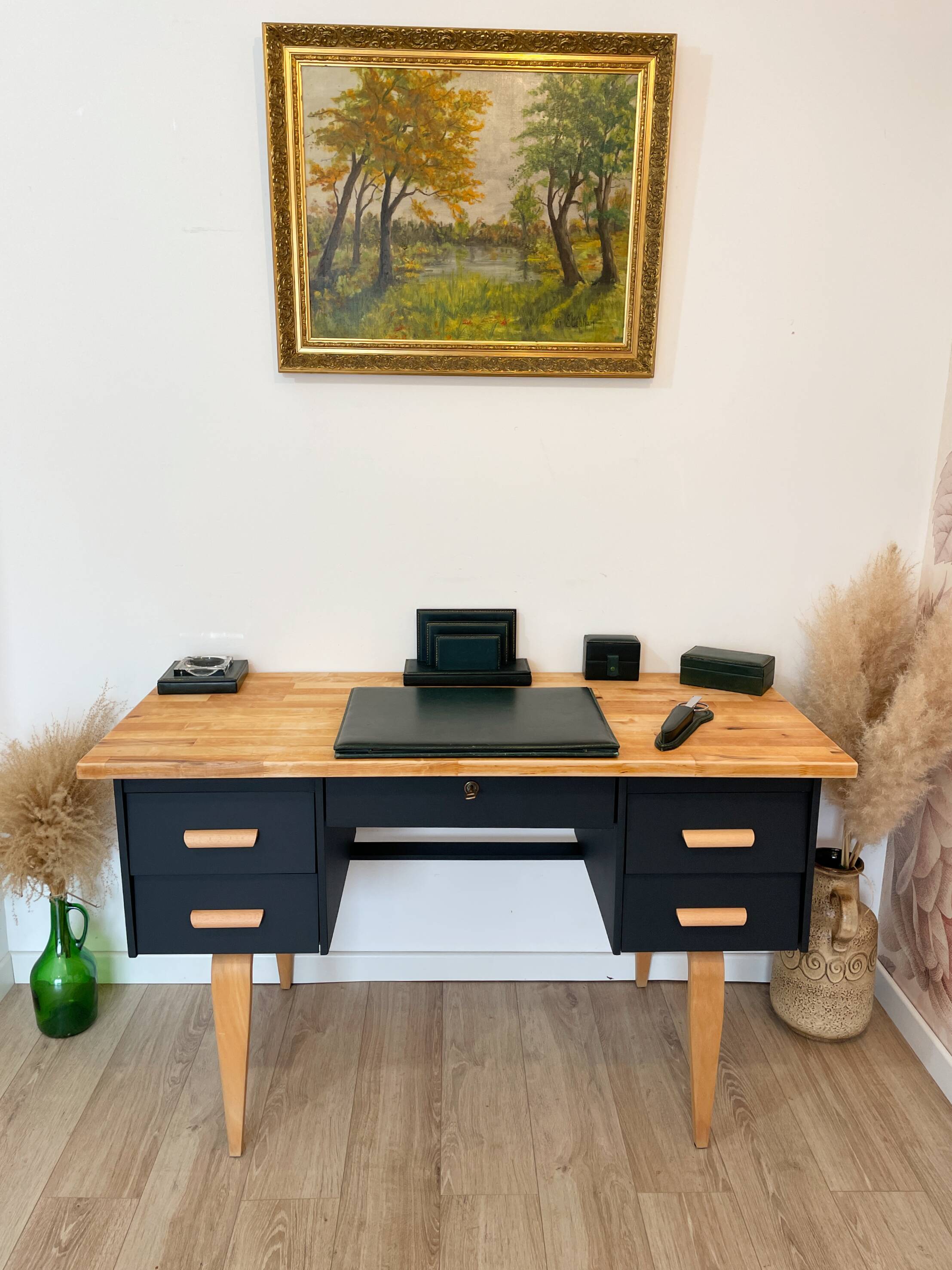 Vintage desk, Scandinavian style, Black lacquer and Beech
