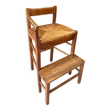 Chaise haute de métier en bois et paille