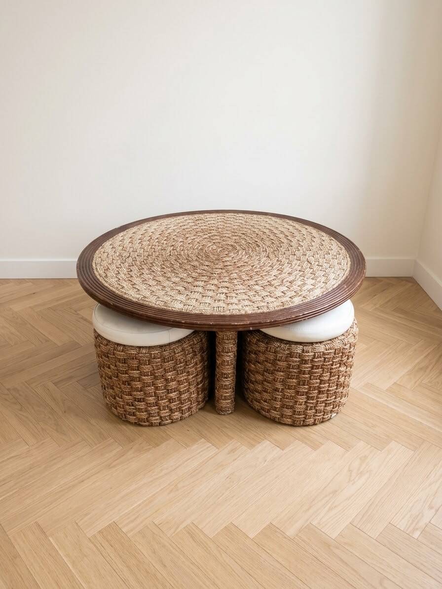 Ensemble table basse et 4 poufs encastrables vintage en corde tressée