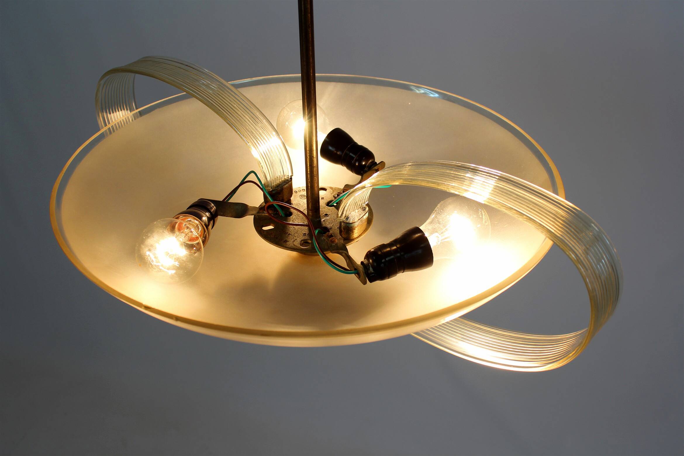 Brass and Curved Glass Ceiling Light from ESC Zukov, 1940s