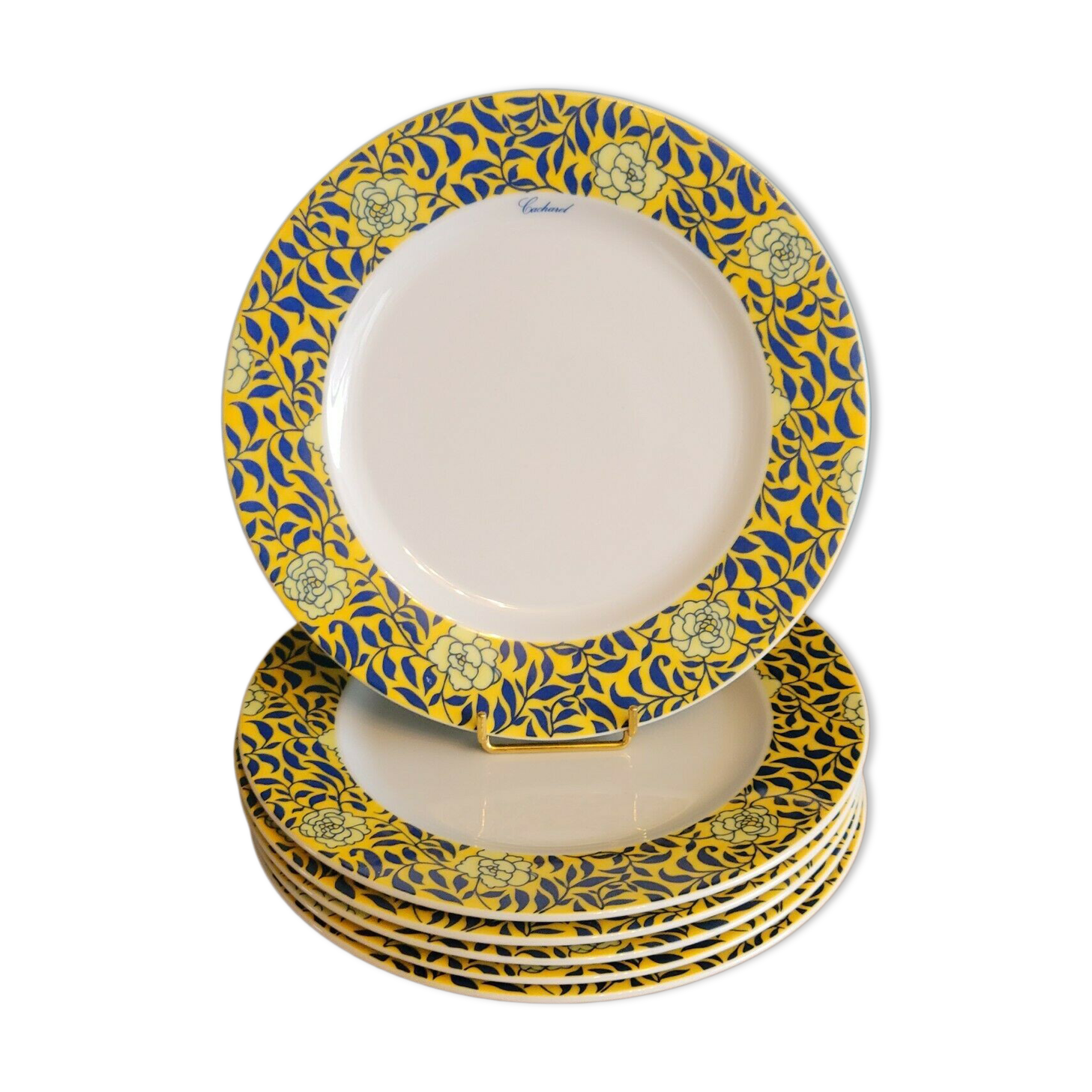 6 flat plates Cacharel floral decoration yellow and blue