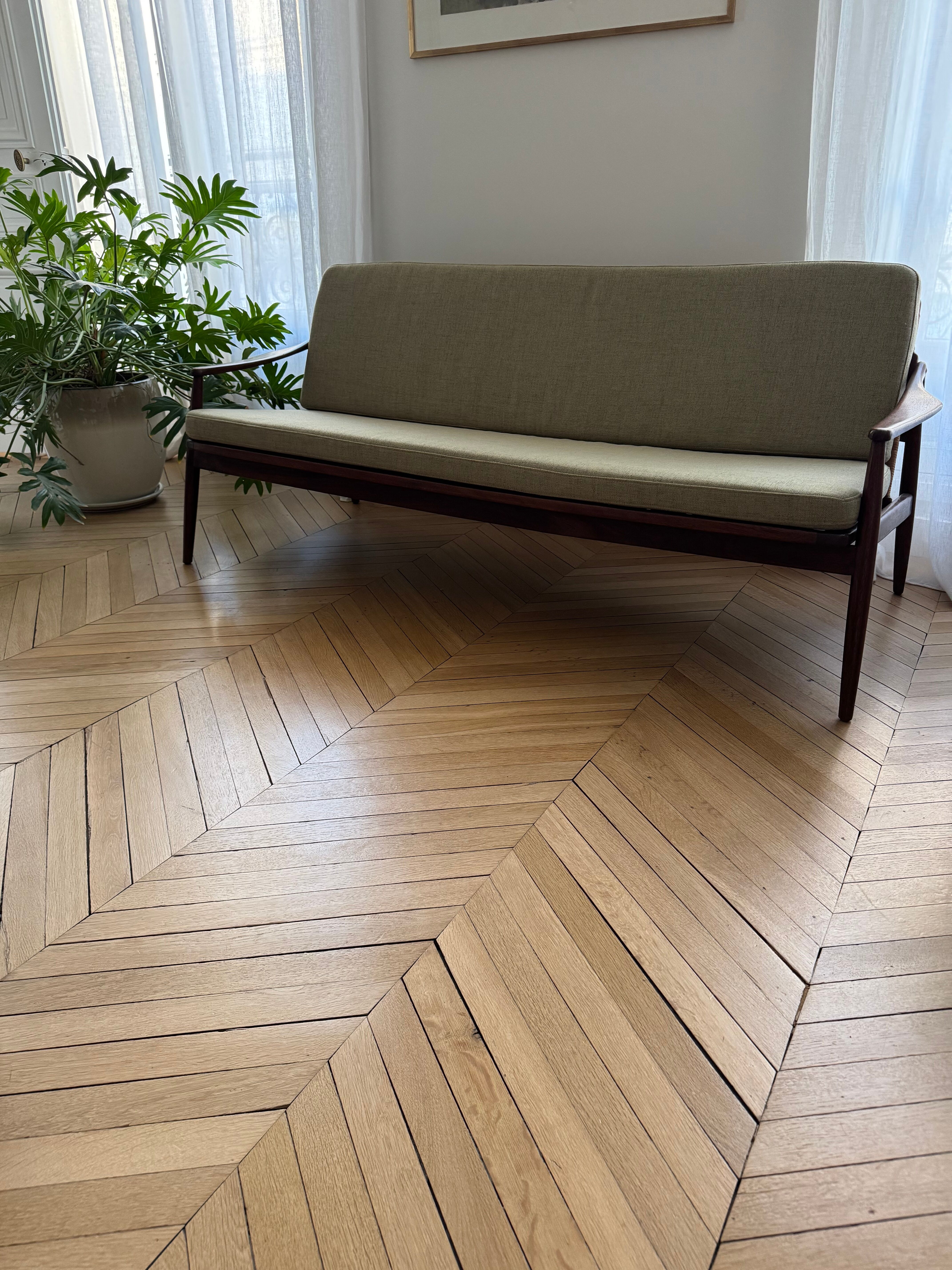 Sofa Series 400 Mid-Century in Teak with Rattan Backrest by Hartmut Lohm