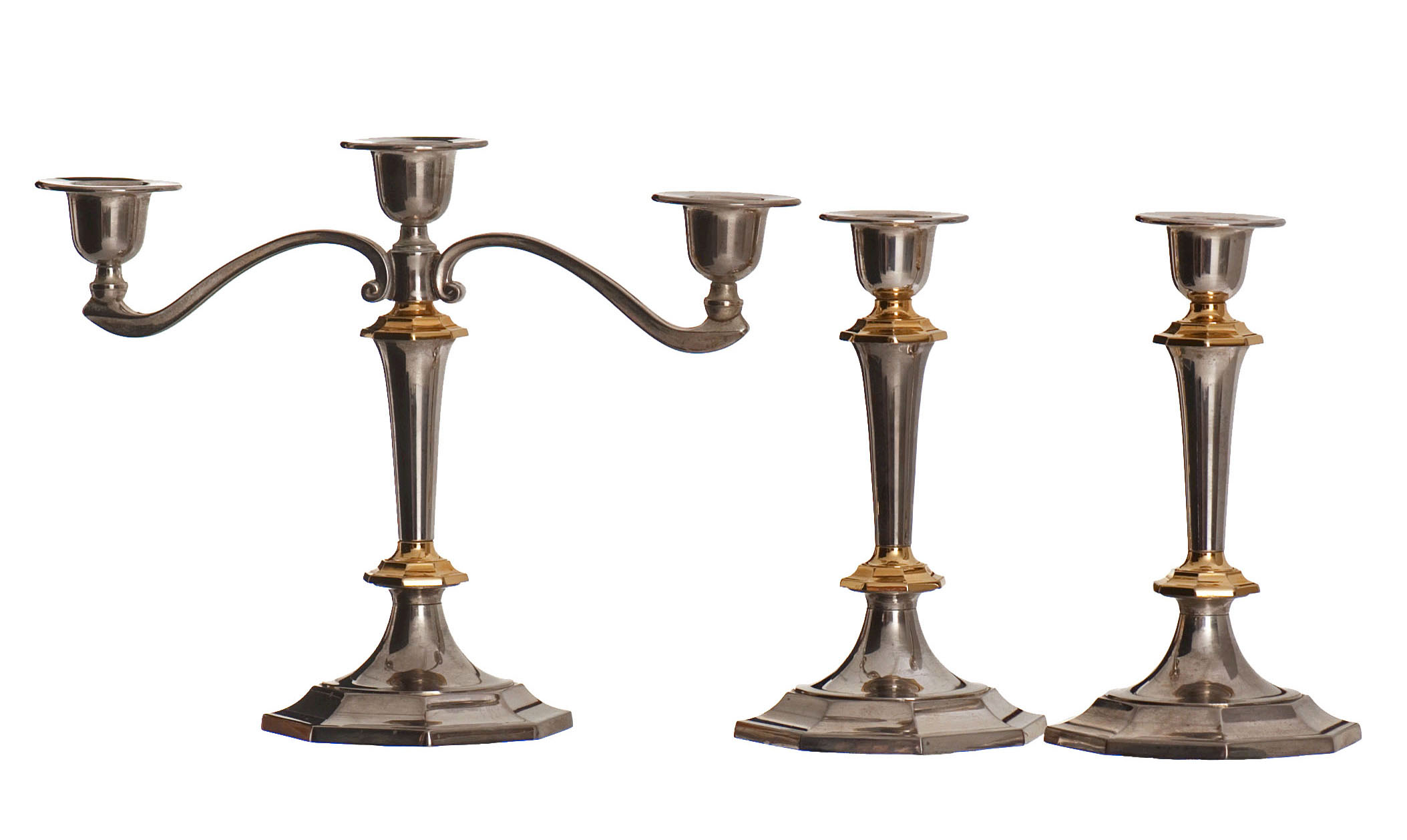 2 candlesticks and 1 silver metal candlestick circa 1980