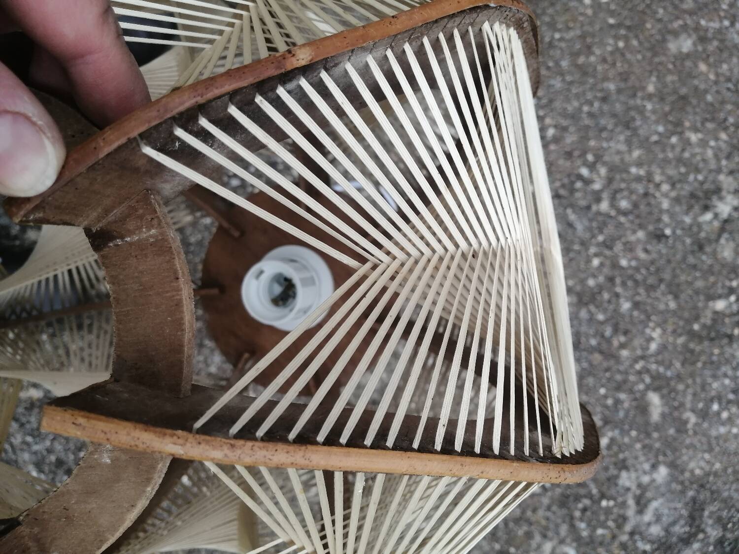 Pair of vintage wooden and rattan straw pendant lights.