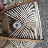 Pair of vintage wooden and rattan straw pendant lights.