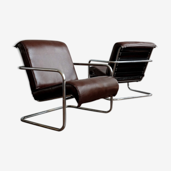 Vintage czechoslovak chrome leather armchairs, set of 2