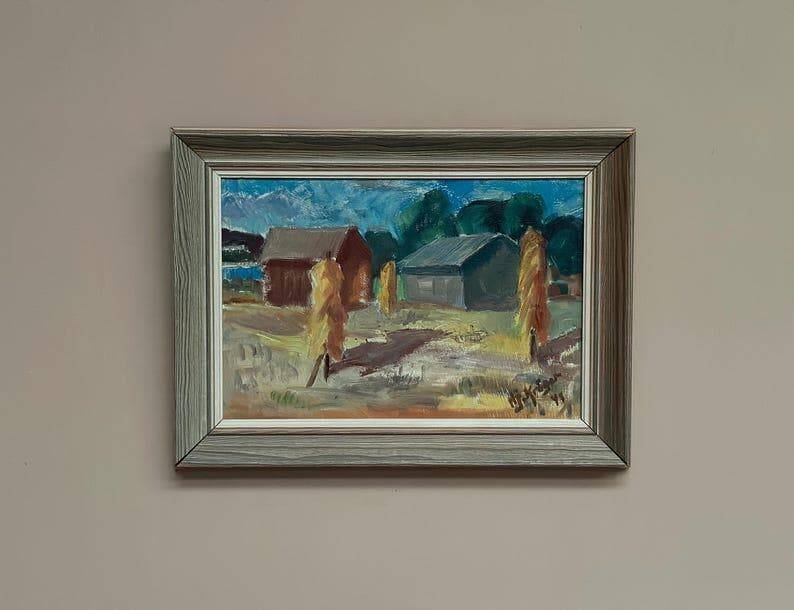 Original Swedish Oil on Panel – “Landscape with Barns” – Vintage & Framed