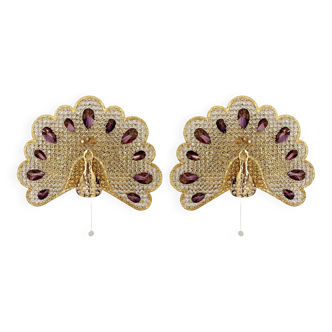 Ensemble de 2 appliques murales en verre cristal en forme de paon de Palwa