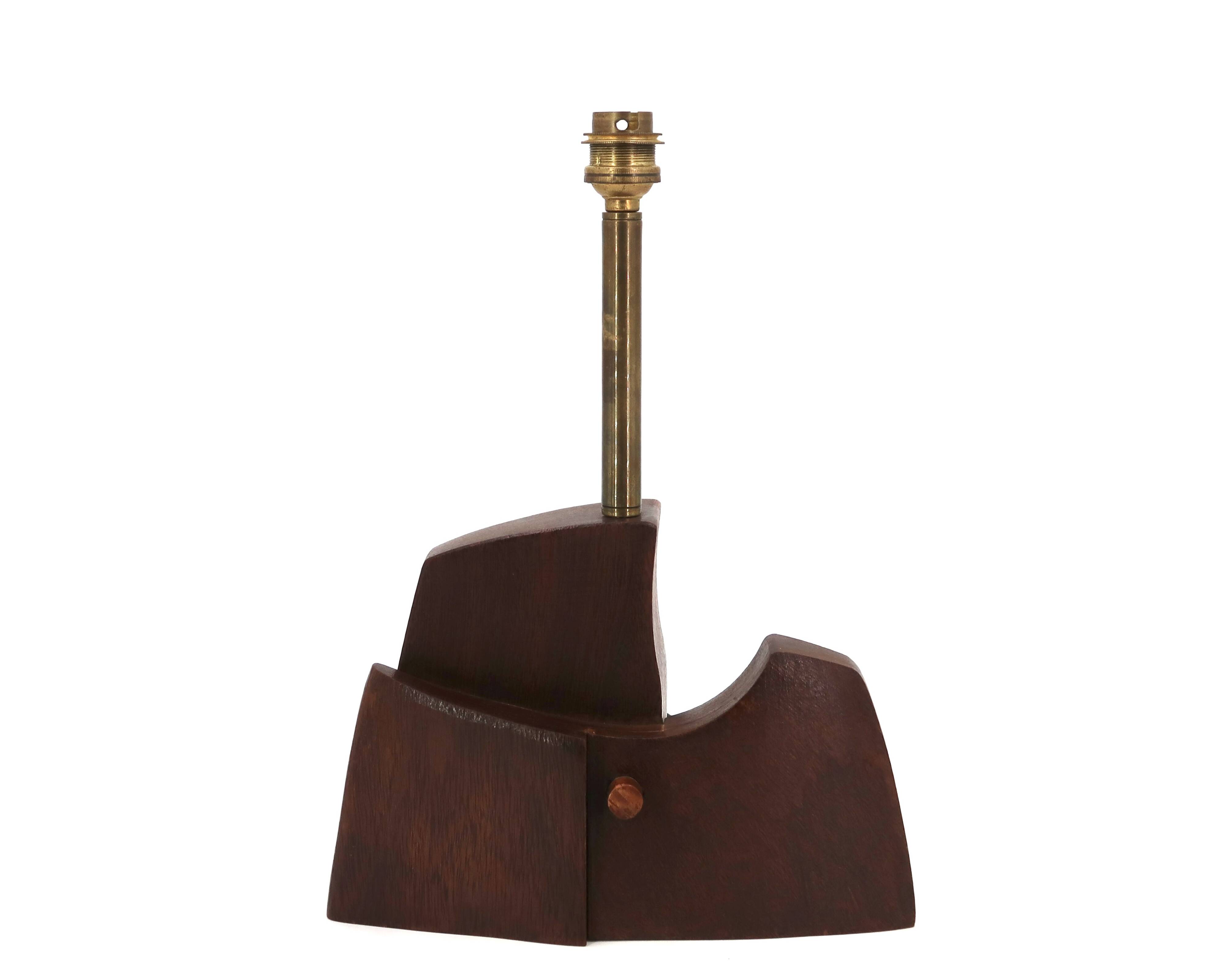 Wood and brass sculpture lamp with shade, 1950s.