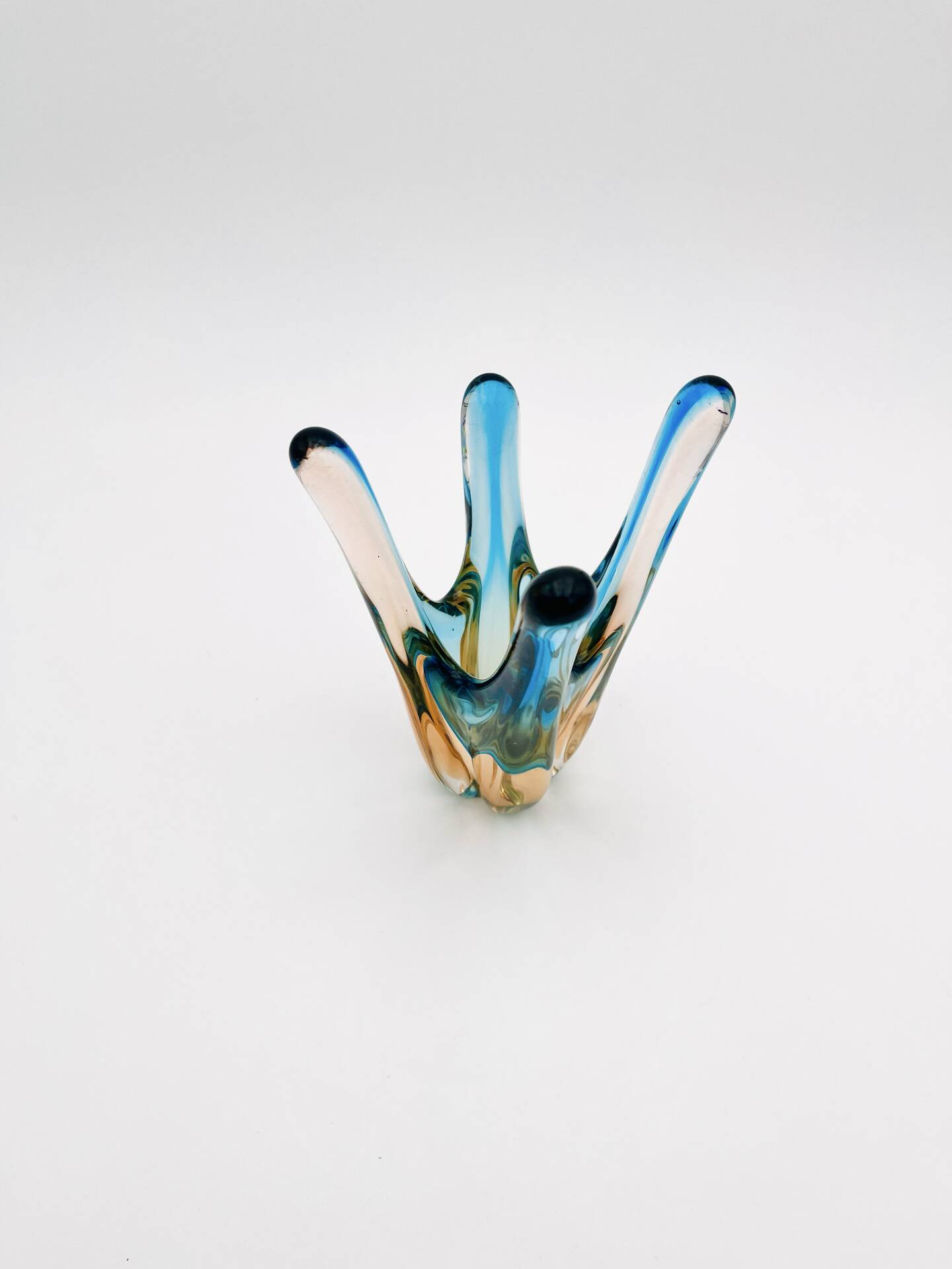 Murano Sommerso Blue Turquoise & Amber Vase Sculpture with 4 Branches 19.5cm