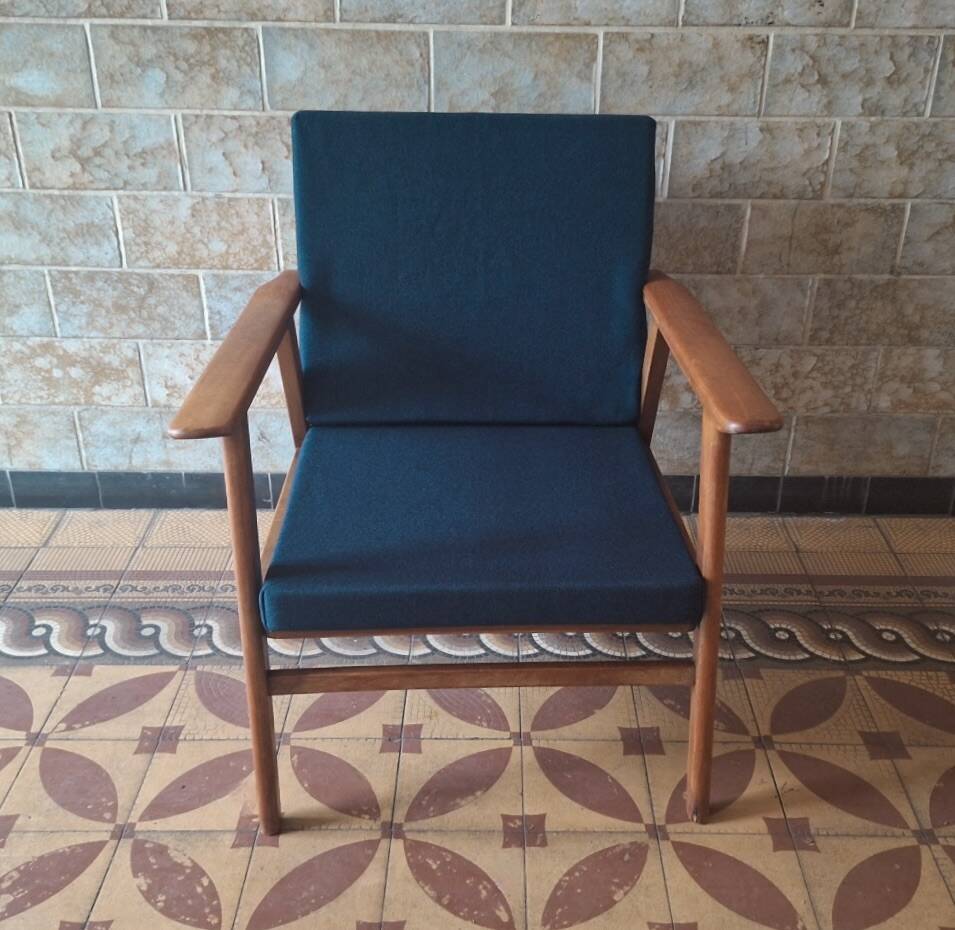 Danish teak lounge chair with sea blue-green fabric, 1960s
