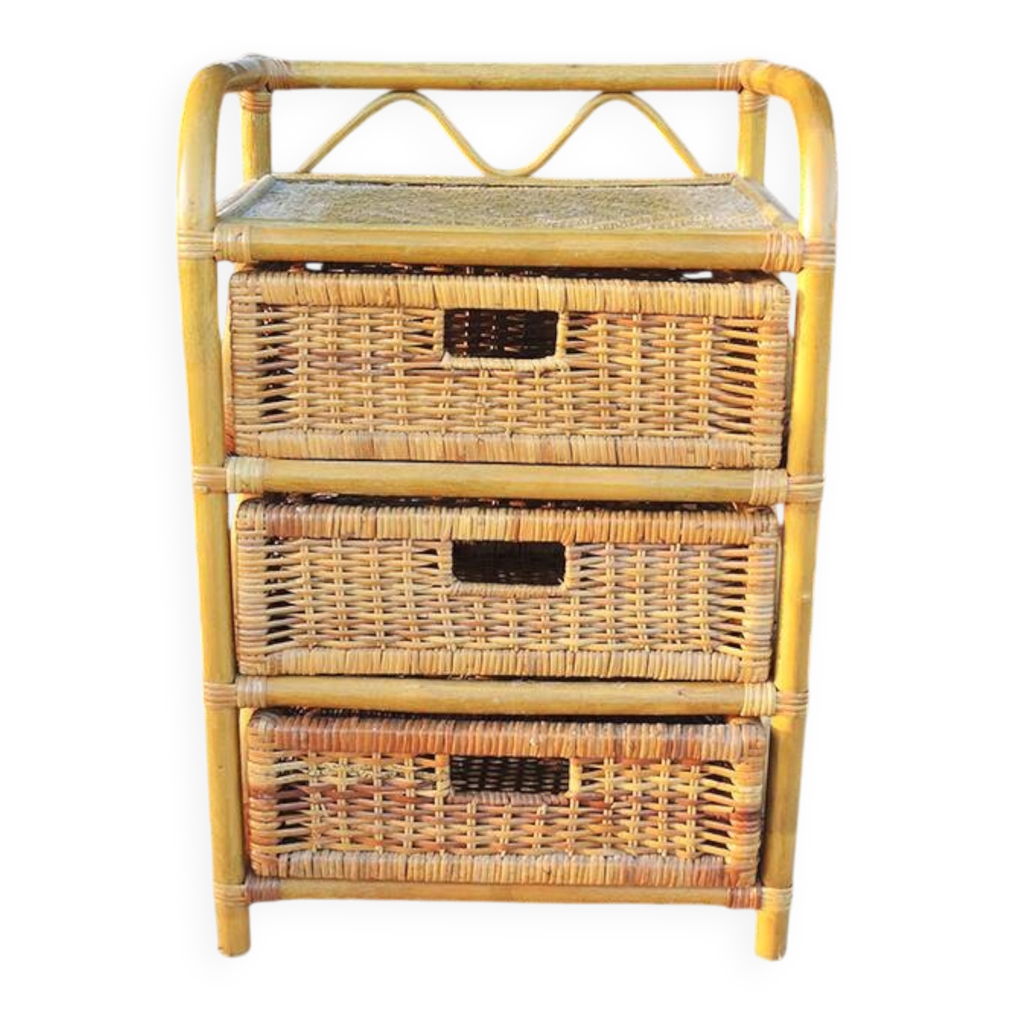 Old chest of drawers with 3 bamboo and wicker drawers.