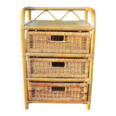 Old chest of drawers with 3 bamboo and wicker drawers.