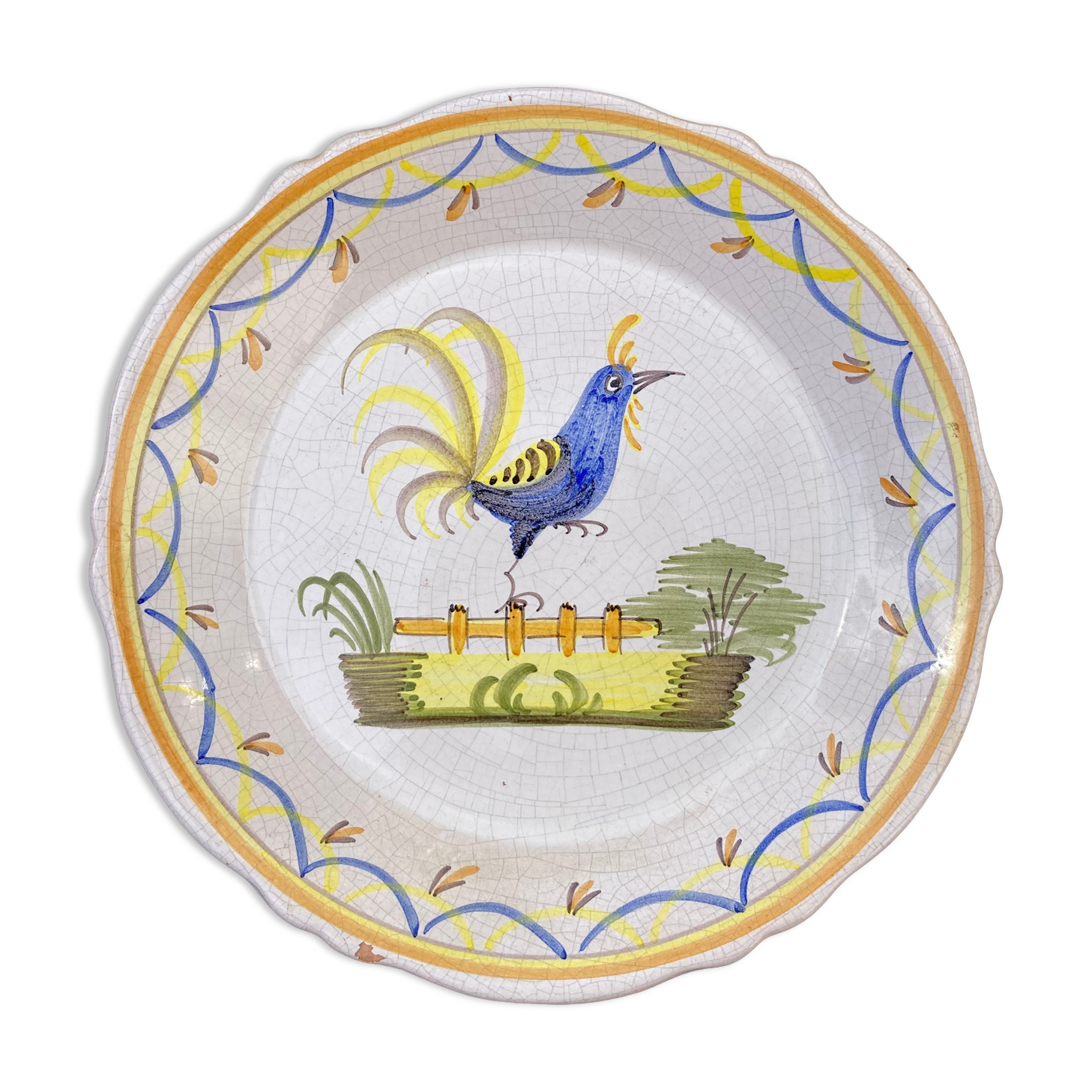 Quimper plate signed with rooster decoration in yellow enamelled ceramic old
