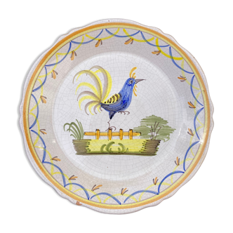 Assiette Quimper signée à décor de coq en céramique jaune émaillée ancienne