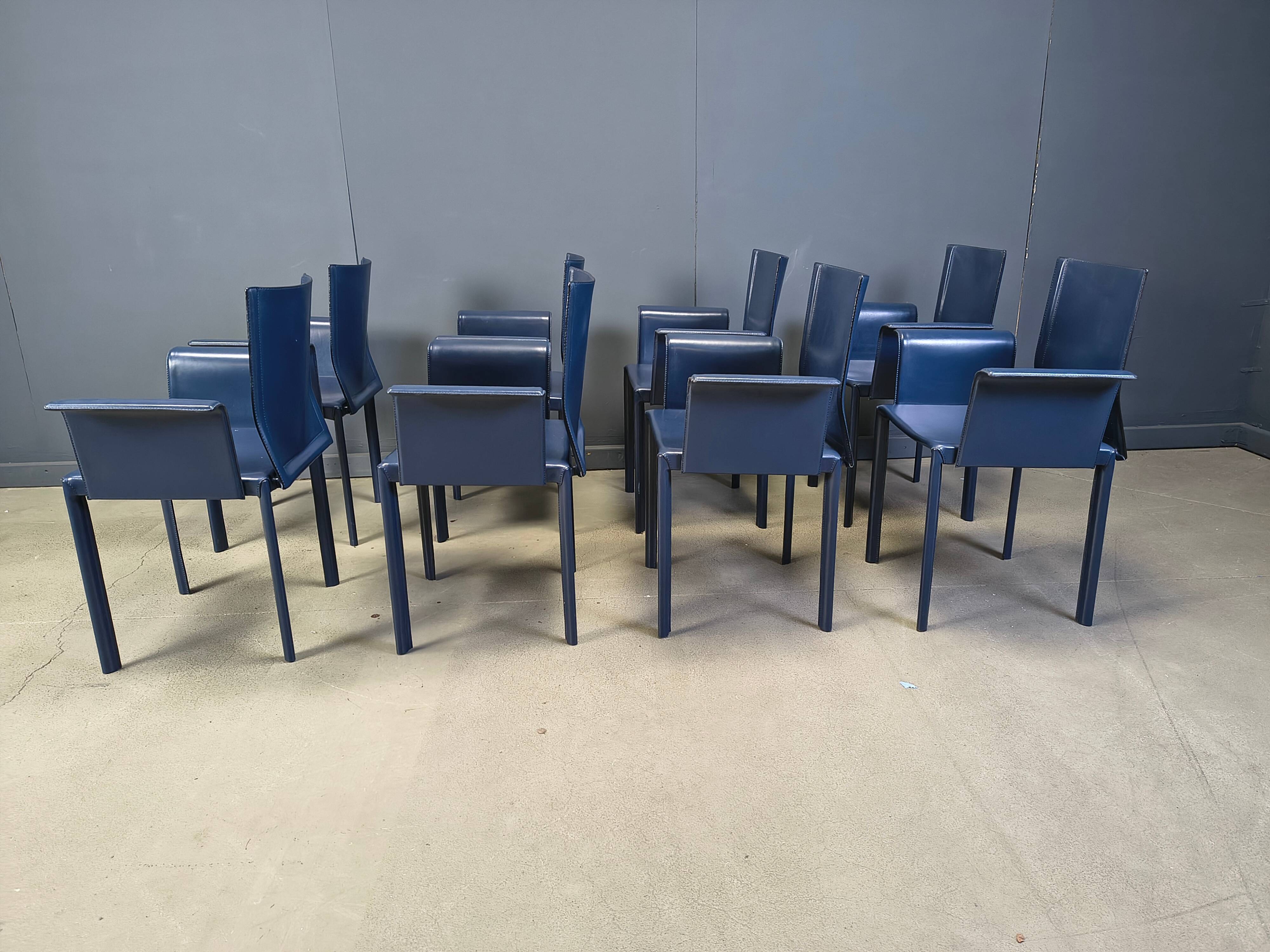 Postmodern blue leather dining chairs Italy, 1980s set of 8